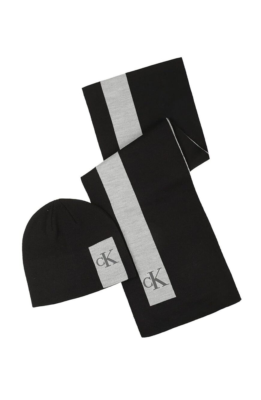 7688 Enclosed Silicone CK Monogram Beanie and Scarf Set, Black, One Size